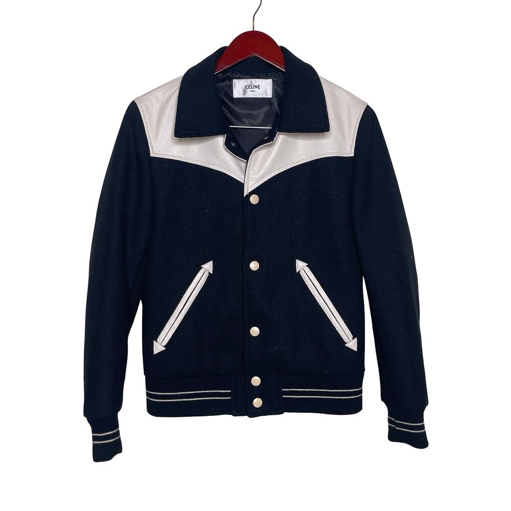 CELINE Black Jack Teddy Cream Leather-Trimmed Wool-Blend Varsity Jacket 46 US S - Picture 2 of 16